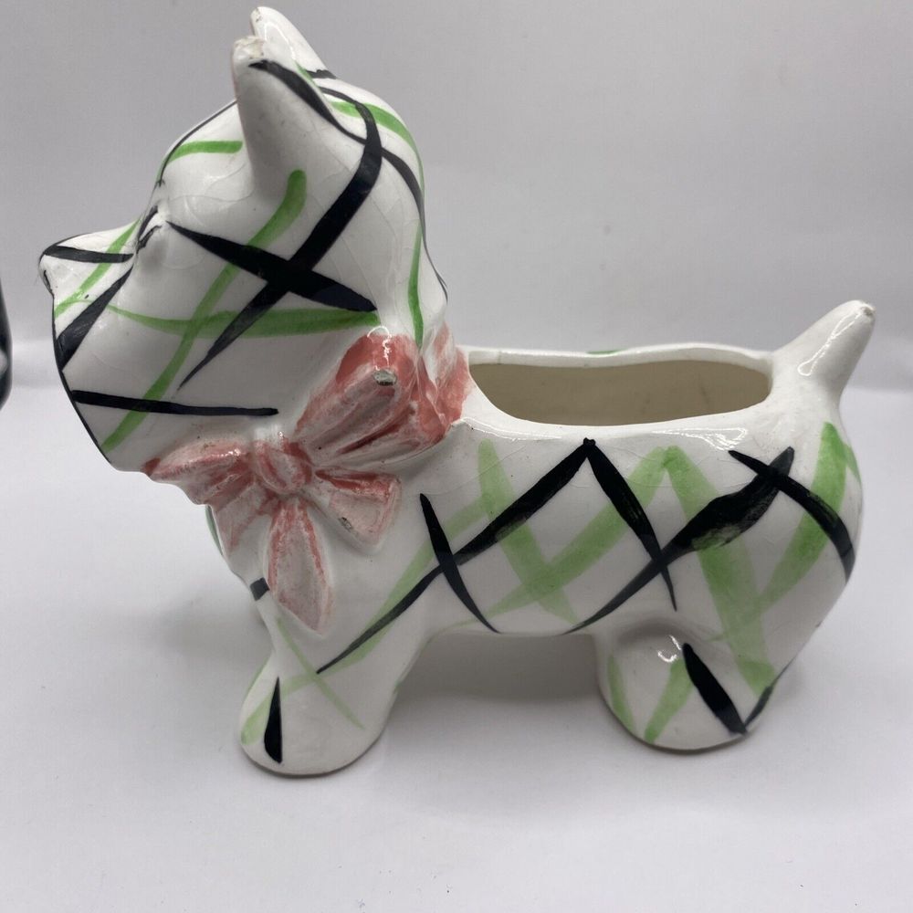 Vintage Japan Kitsch Patchwork Puppy Scottie Dog Planter Pot MCM 5" Pink Bow